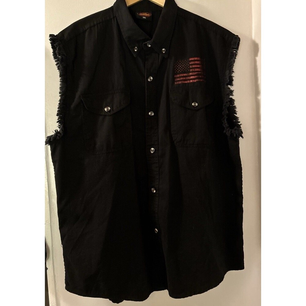 Hot Leather Red American Flag Black Frayed Sleeves Denim Shirt 100% Cotton 3XL